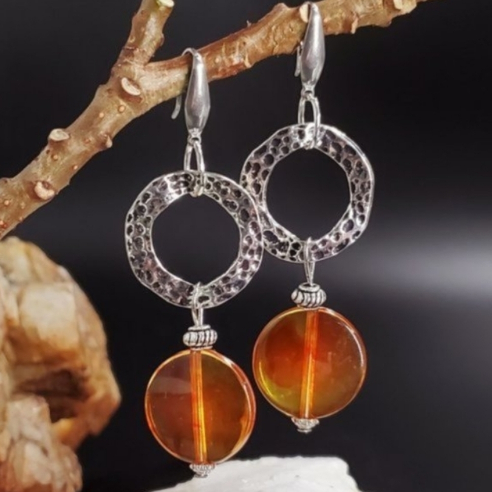 Anthropologie jewelry Silver Beeswax Cognac Resin Amber Leaf Earrings